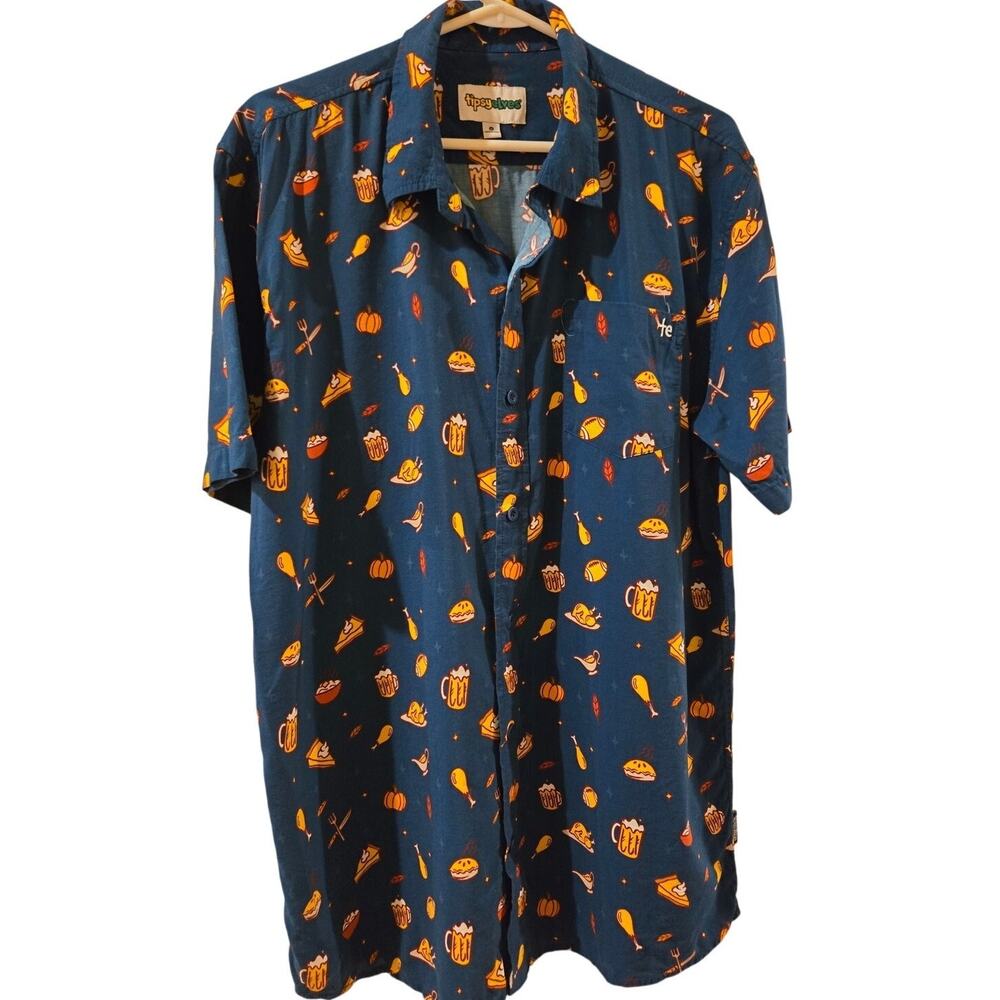 Tipsy Elves Thanksgiving Casual Button Down Shirt Blue Fitted Mens XL